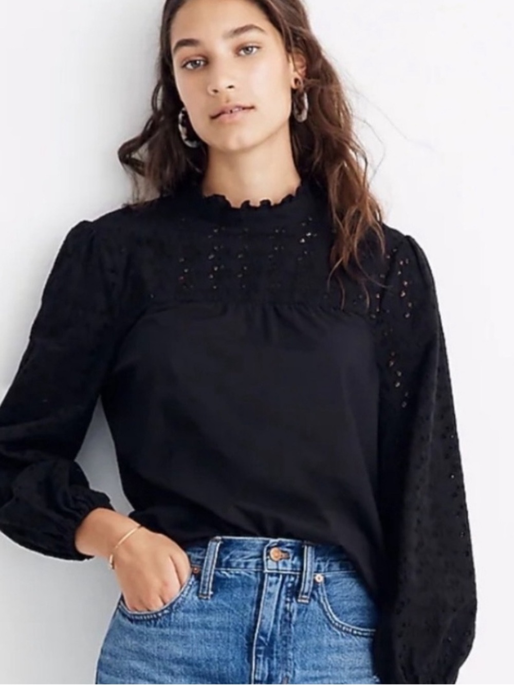 Madewell Size L Black Eyelet Top